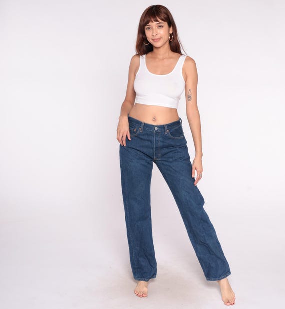 Levi's 501 Jeans 90s High Waist Straight Leg Blue Denim Vintage Mom Jeans Classic Fit Medium Wash Women's Casual Everyday 33 x 32 Large L