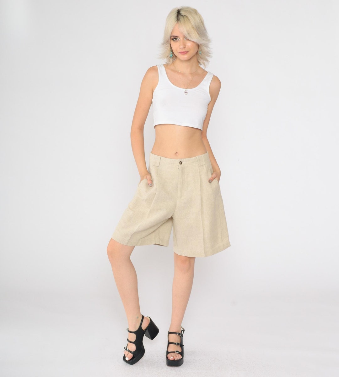 90s Pleated Shorts Beige Linen Cotton Blend Liz Claiborne Mom