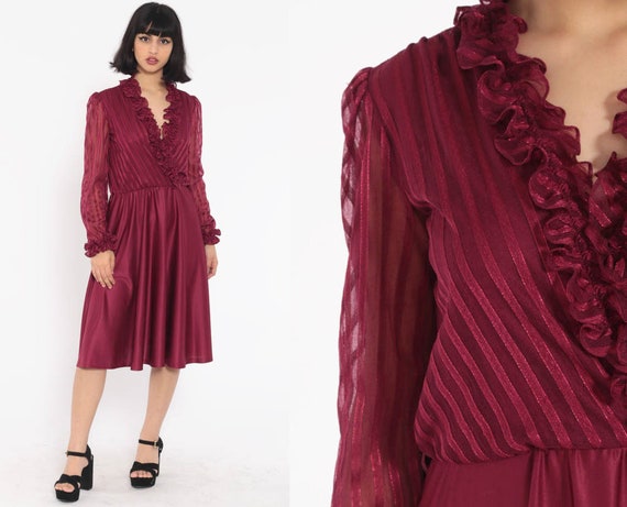 Burgundy Ruffle Dress 70s Midi Boho Wrap Secretary High Waisted Deep V Neck 1970s Vintage Long Puff Sleeve Bohemian Medium