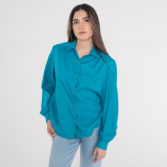 Blue Blouse 80s Button Up Top Silky Draped Formal Preppy Collared Shirt Plain Long Sleeve Simple Basic Vintage 1980s Lady Manhattan Large
