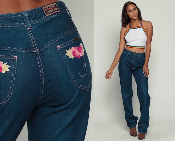 High Waisted Jeans 70s Denim Pants GRAPES Straight Leg Fruit Print Boho Hippie Baggy Dark Blue Western 1970s Vintage Hipster Medium 28