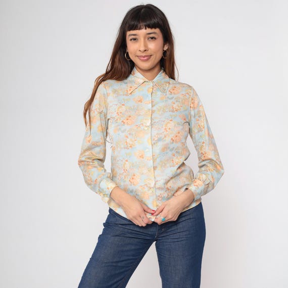 70s Floral Shirt Blue Botanical Boho Shirt Dagger Collar Disco Shirt Button Up Orange Bohemian Blouse 1970s Hippie Vintage Long Sleeve Small