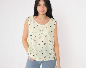 Vintage Cream Floral Tank Top 70s Hippie Blouse Botanical Flower Print Sleeveless Shirt Mod Summer Retro Boho 1970s Large L