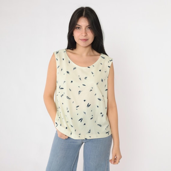 Vintage Cream Floral Tank Top 70s Hippie Blouse Botanical Flower Print Sleeveless Shirt Mod Summer Retro Boho 1970s Large L
