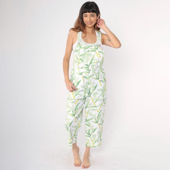 Cambridge Dry Goods Overalls Vintage Bamboo Leaf Print Cotton Adjustable Straps White Green Wide Leg Cropped Medium M