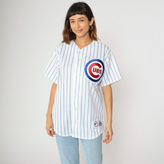 Kosuke Fukudome Jersey Majestic Chicago Cubs MLB Baseball Shirt Vintage Sewn Button up Sports Short Sleeve White Blue 2000s Men's Medium