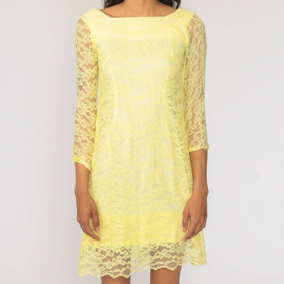 Mod Lace Dress 60s Mini Yellow Party Cocktail 196… - image 5