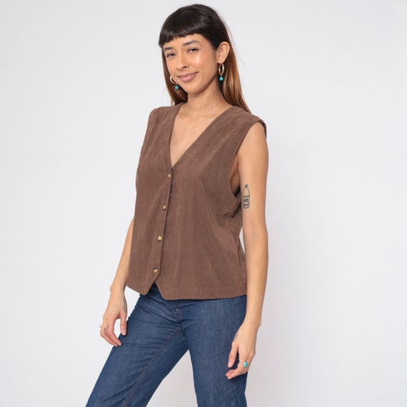 Brown Vest Top Y2K Button up Tank Top Simple Basic Plain Minimalist Layering Sleeveless Shirt V Neck Blouse Preppy Neutral Vintage 00s Large
