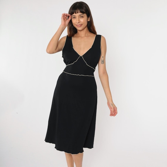 90s Black Midi Dress Vintage A-Line Beige Piping Sleeveless Scoop Neck High Waisted Flowy Boho Minimalist Extra Large xl