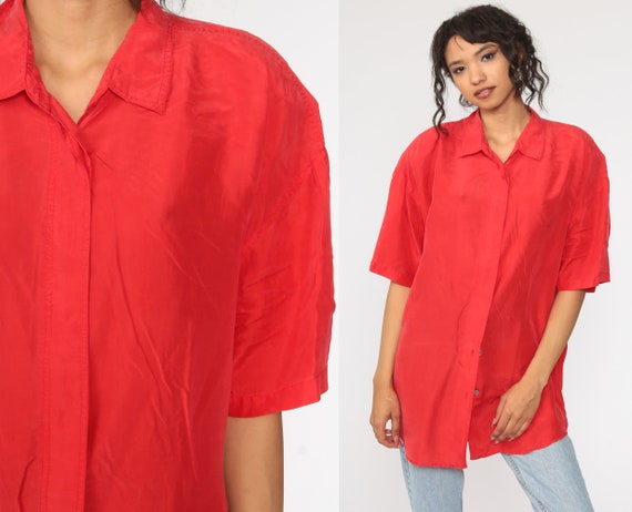 Red Silk Shirt Button Up Shirt 90s Short Sleeve Bl
