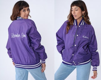 80s Uniform Jacket Purple Lavender Inn Colleen Bomber Jacket Windbreaker Snap Up Coat Varsity Baseball Jacket Vintage 1980s Oversize Medium