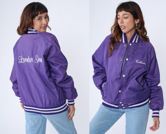 80s Uniform Jacket Purple Lavender Inn Colleen Bomber Jacket Windbreaker  Snap up Coat Varsity Baseball Jacket Vintage 1980s Oversize Medium 