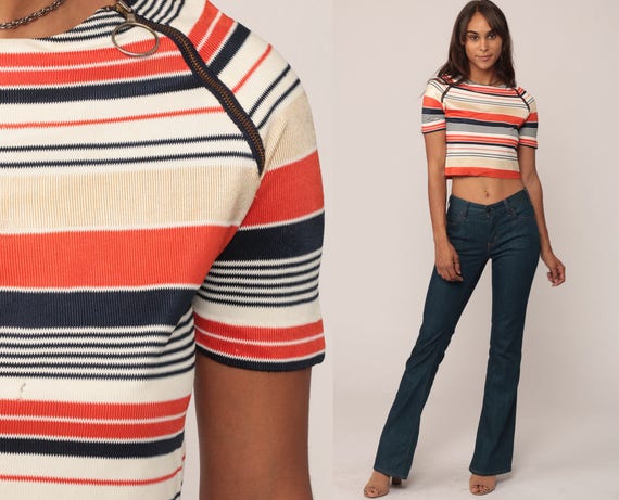 70s Crop Top Striped Hippie Shirt ASYMMETRICAL ZIP Vintage Cropped Tee Boho Shirt Hippy Space Age Orange Blue Hipster 1970s Small Medium