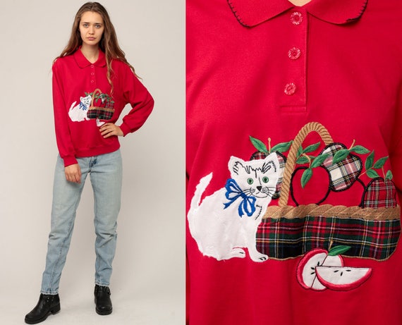 Cat Sweatshirt Kitten Sweater 80s Animal APPLE Fruit Kawaii COLLARED Sweater Vintage 90s Graphic Pullover Jumper Retro Red Medium