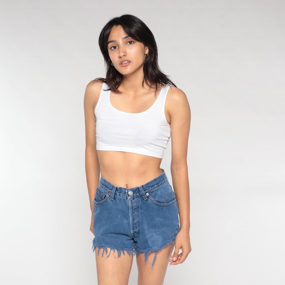 Levis Denim Cutoffs Y2k Overdyed Cut Off Jean Shorts High Rise Levi Cut Offs Blue Frayed Retro Summer Festival Shorts Vintage 00s Small S