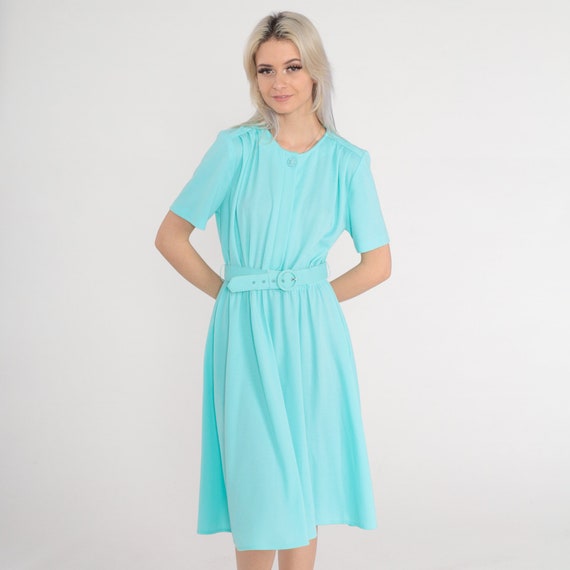 80s Day Dress Mint Blue Button up Midi Shirtwaist Short Sleeve Secretary Shirtdress Belted High Waisted Retro Pocket Vintage 1980s Medium M