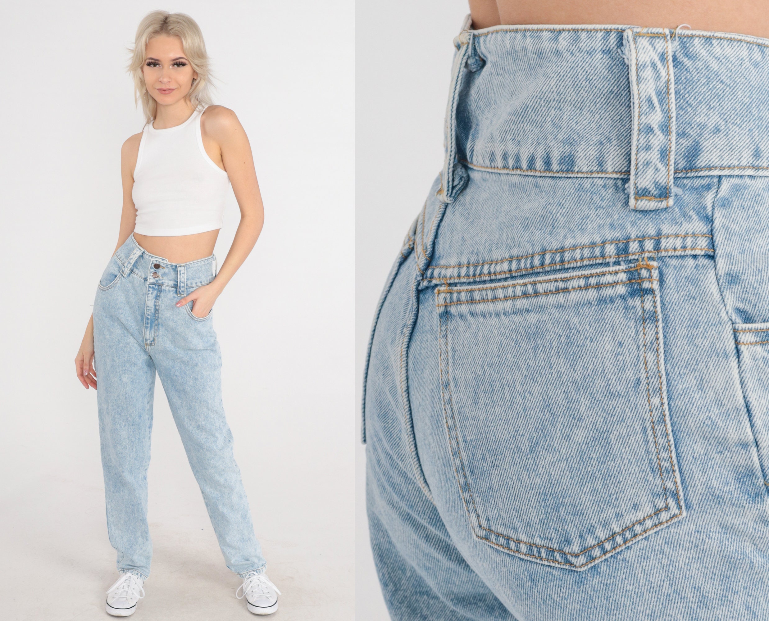 Acid Wash Jeans 80s Ultra High Waist Mom Jeans Denim High Waist Jeans 1980s  Tapered Denim Pants Vintage Frederick's of Hollywood Small 27