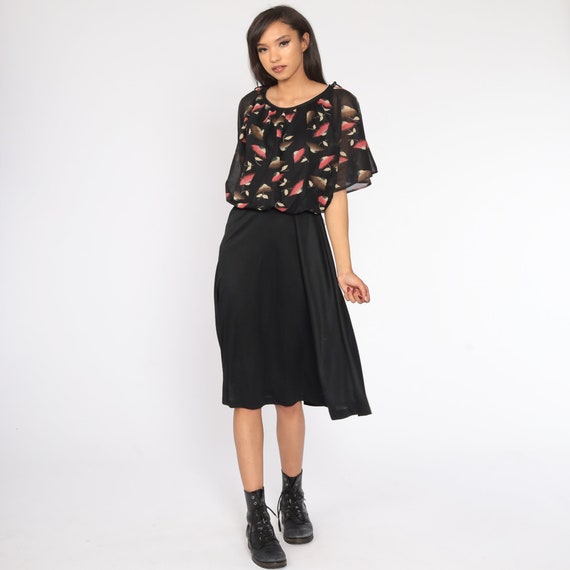 70s Boho Dress Floral Print Flutter Sleeve Black Midi Dress 1970s Hippie Bohemian Dress Hippie Psychedelic Summer High Waist Vintage Small