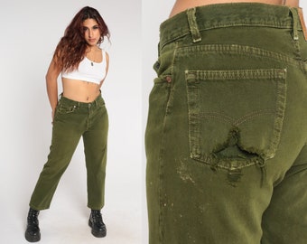 Olive Green Levis 501 Jeans Y2k Ripped Jeans Mid Rise Waist Straight Leg Colored Denim Pants Levi Relaxed Distressed Vintage 00s Large L 36