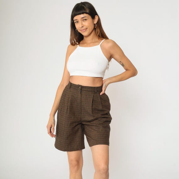 Vintage 90s Checkered Wool Blend Shorts Pleated Trouser Shorts Burgundy Navy Blue Green Plaid High Waisted Retro Preppy 1990s Academia Small