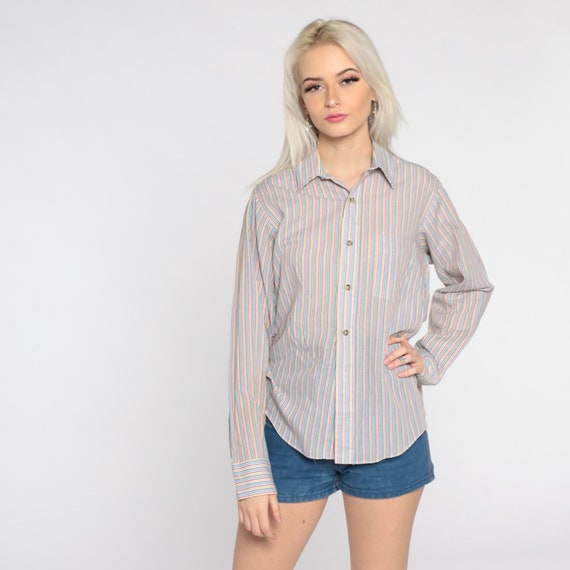 Rainbow Striped Blouse 80s Cotton Top Button Up S… - image 2