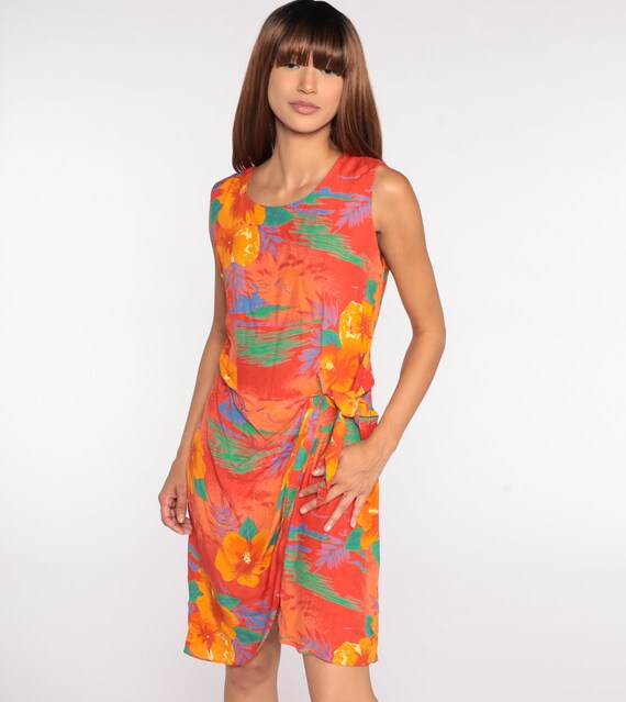 Tropical Floral Dress 80s Mini Orange Wrap Dress … - image 3