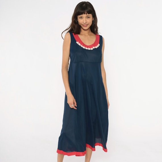 70s Stars Dress Navy Blue Red White Patriotic Sleeveless V Neck Empire Waist Americana Contrast Trim Vintage July Fourth Summer Medium M