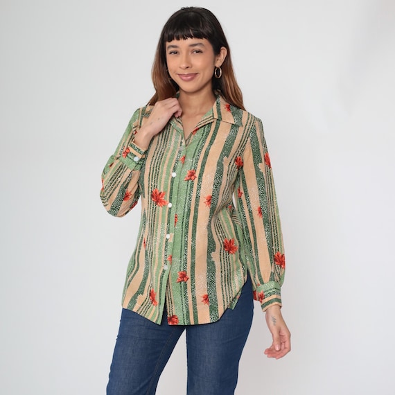 Fall Leaf Blouse 70s Vintage Pykettes Green Peach Striped Maple Print Button Up Long Sleeve Autumn Fall Cottage Style Thanksgiving Medium M