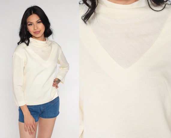 Off-White Mock Neck Top 70s Mod Shirt 1970s Plain Blouse Vintage Long Sleeve Shirt Basic Top Seventies Polyester Wool Blend Small S