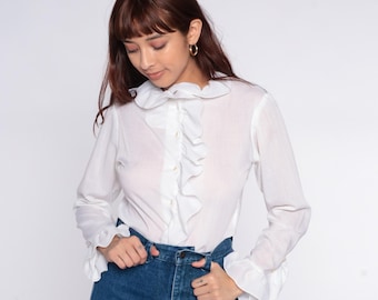 White Disco Shirt 70s Cotton Ruffled Collar Cuffs Prairie Victorian Cottagecore Poet Blouse Shirt Top Vintage Romantic Feminine Medium M