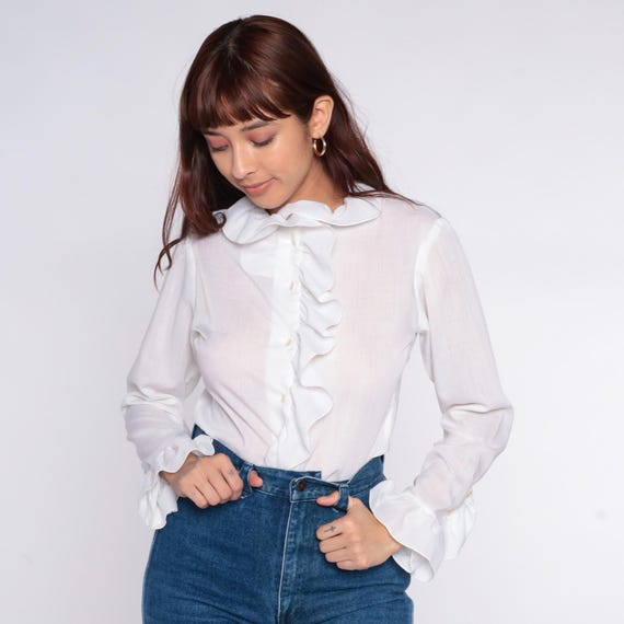 White Disco Shirt 70s Cotton Ruffled Collar Cuffs Prairie Victorian Cottagecore Poet Blouse Shirt Top Vintage Romantic Feminine Medium M