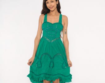 Vestido corsé de encaje azul verdoso estilo Y2K de Free People, bordado, escote corazón, volantes de algodón, verde esmeralda, vestido de verano Coquette, talla XS (extra pequeña)