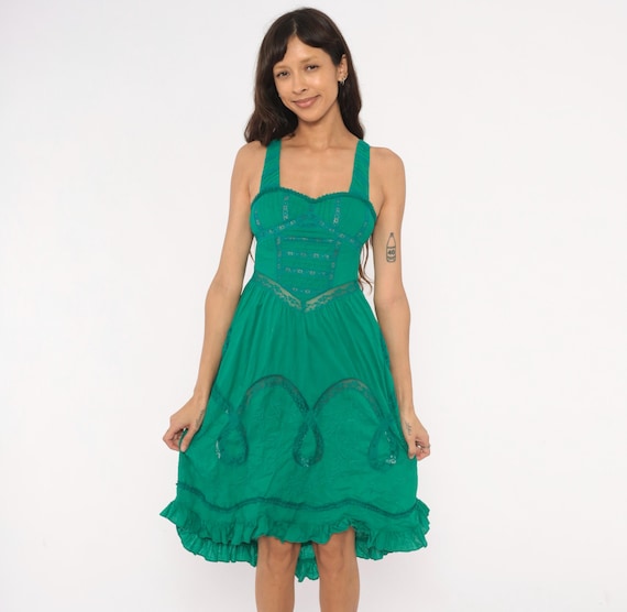 Y2K Teal Lace Corset Dress Free People Embroidered Sweetheart Neckline Cotton Ruffle Emerald Green Summer Sundress Coquette Extra Small XS