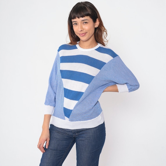 Striped Dolman Sweater 80s Blue White Knit Pullover Sweater Top 3/4 Batwing Sleeve Sleeve Slouchy Retro Streetwear Vintage 1980s Medium M