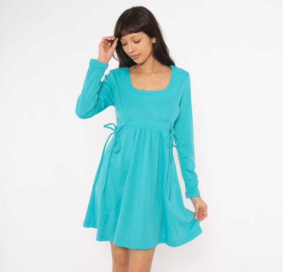70s Aqua Mini Babydoll Dress Teal Empire Waist Tie Side Long Sleeve Turquoise Gathered Skirt Cyan Blue Spring Summer Mod Vintage Medium M