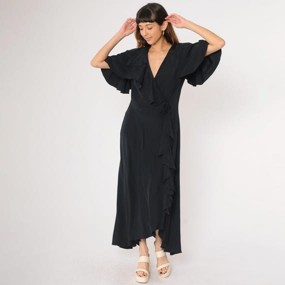 Vintage 90s Black Ruffle Wrap Dress Flutter Sleeve Asymmetrical Hem Gothic Evening Gown Maxi Formal Grunge Party 1990s Rosette Medium 8