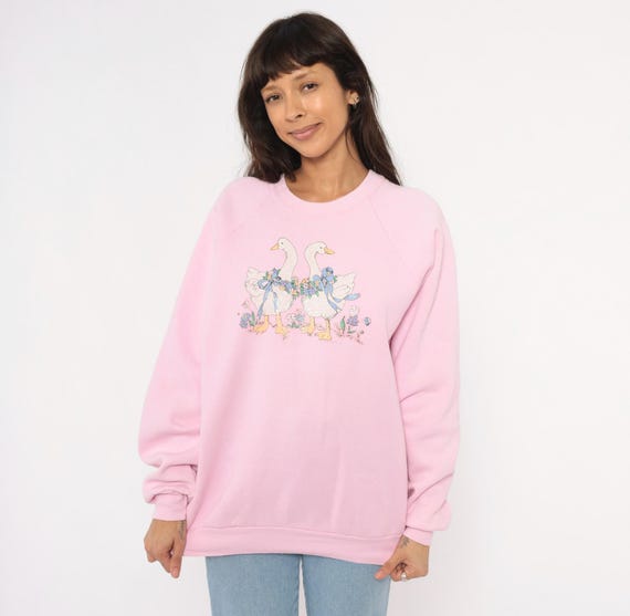 Pink Geese Sweatshirt 90s Crewneck Raglan Sleeve Floral Goose Blush Rose Cotton Country Farm Animal Bird Cottagecore Nerdy Vintage Large L