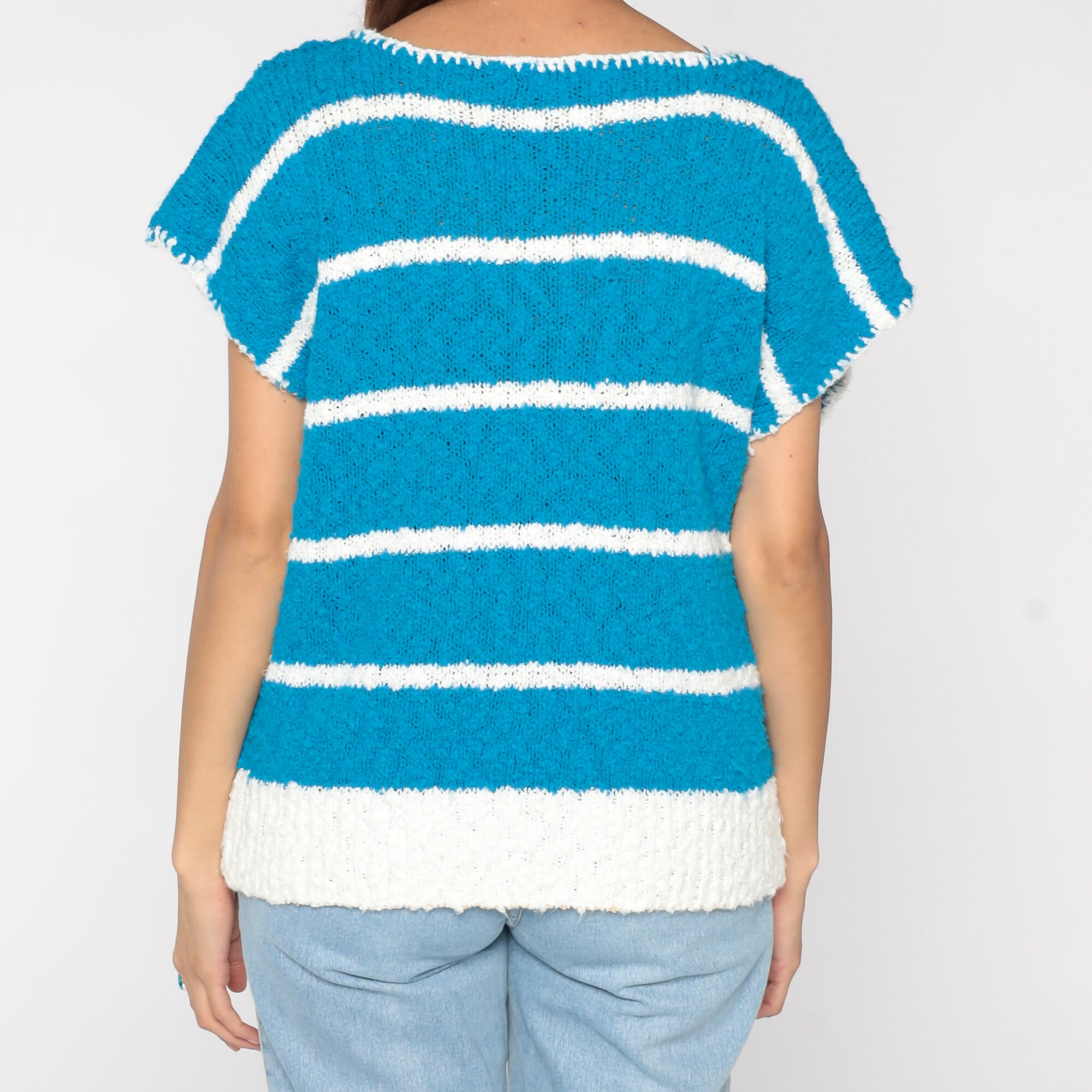 Striped Knit Shirt 80s Blue Knit Top Cap Short Sleeve Sweater Top