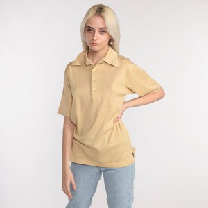 Beige Polo Shirt 70s Half Button Up Shirt Collared Short Sleeve Geek Retro Shirt Plain Vintage 1970s Small image 4