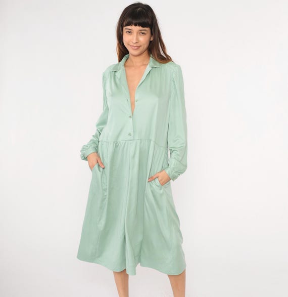 70s Midi Dress Light Green Shirtdress Button Up Day Pocket High Waisted Retro Collared Plain Simple Long Sleeve Vintage 1970s Extra Large xl
