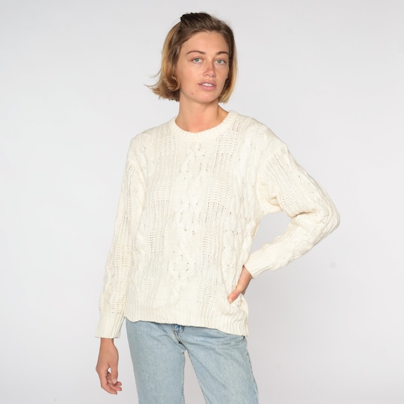 Cable Knit Sweater 80s Textured Cream Sweater Knit Hipster Boho Pullover Cableknit 1980s Jumper Vintage Slouchy Medium