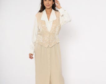 Vestido chaleco jacquard de los 80, cuello marfil, corpiño de brocado, blusa de manga larga color crema, falda beige arena, chaleco vintage en tonos neutros, talla L
