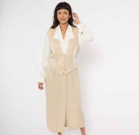80s Jacquard Vest Dress Ivory Collar Brocade Bodice Cream Long Sleeve Blouse Combo Sand Beige Skirt Tonal Neutral Vintage Waistcoat Large L