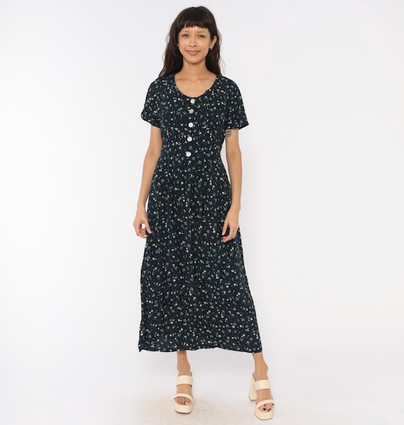 90s Ditsy Floral Dress Navy Blue Button Front Short Sleeve Daisy Prairie Cottagecore Tie Back Yellow Flower Garden Summer Vintage Medium M