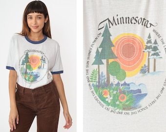 80s Minnesota Shirt Where the Lakes Touch the Trees Ringer Tee Graphic Tee Nature Sun Tree Tshirt Tourist Vintage Retro T Shirt 1980s Medium