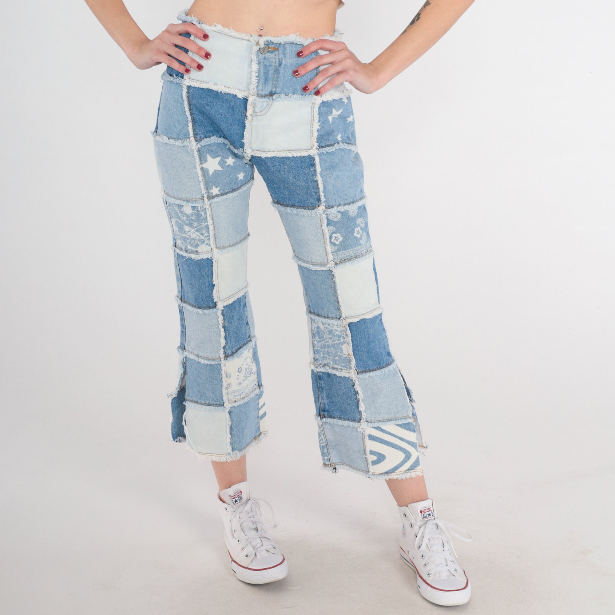 Y2K Patchwork Jeans Capri Jeans Cropped Low Rise Waist 00s 