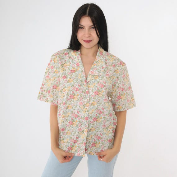 90s Romantic Floral Blouse Vintage Button Up Shirt Retro Short Sleeve Top Pastel Pink Yellow White Summer 1990s Susan Bristol Medium 10