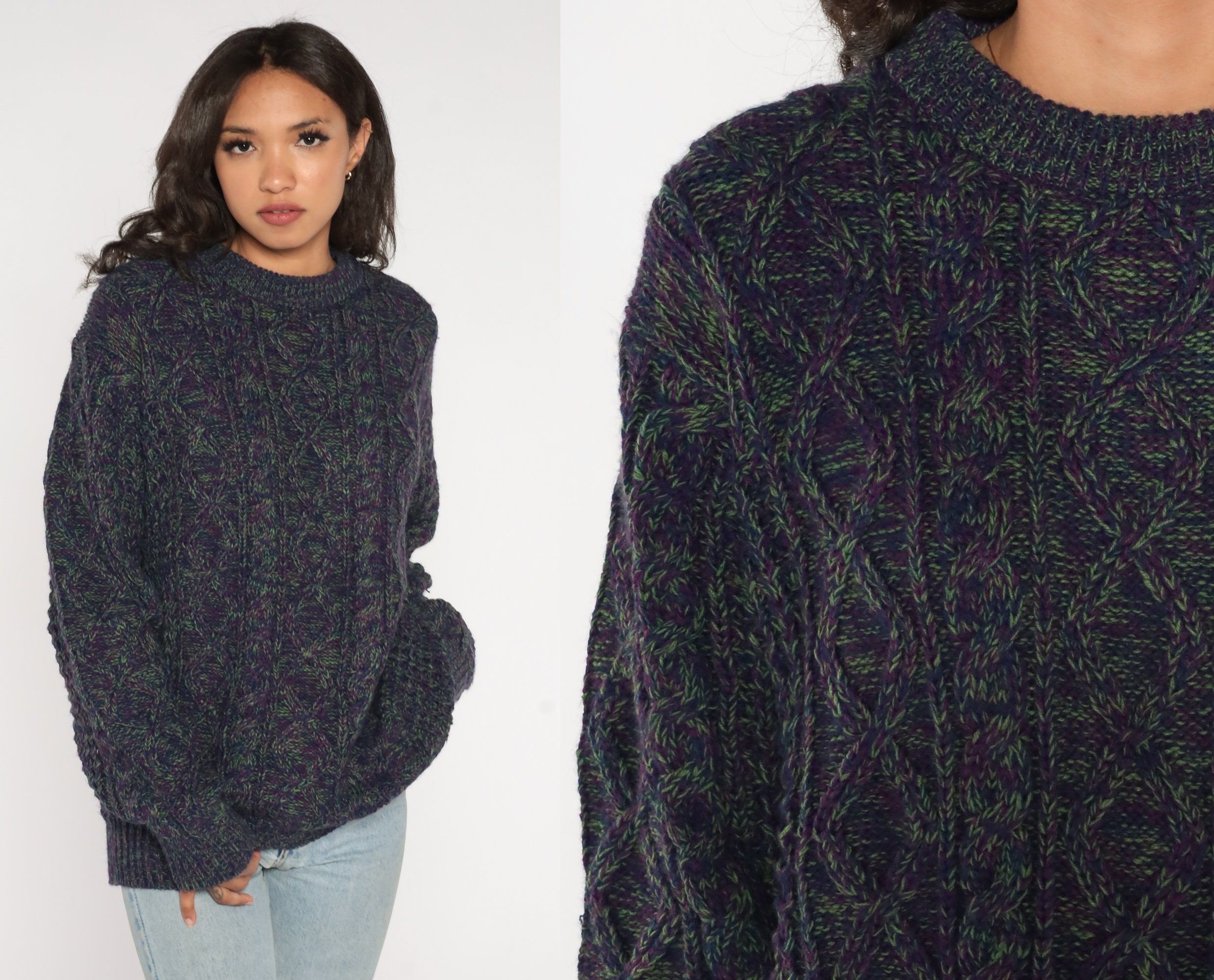 Space Dye Sweater 90s Cable Knit Sweater Retro Purple Green Flecked