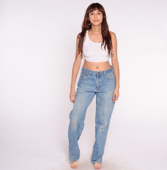 90s Carhartt Denim Jeans Light Blue Distressed Paint Splatter Workwear Relaxed Fit Medium Wash Vintage Grunge Work Pants Five Pocket 34 x 34