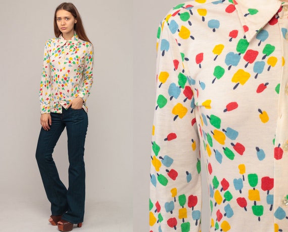 Apple Shirt GIVENCHY Blouse Boho Blouse Fruit Print Top 70s Novelty Bohemian Button Up 1970s Hippie Long Sleeve Vintage Small